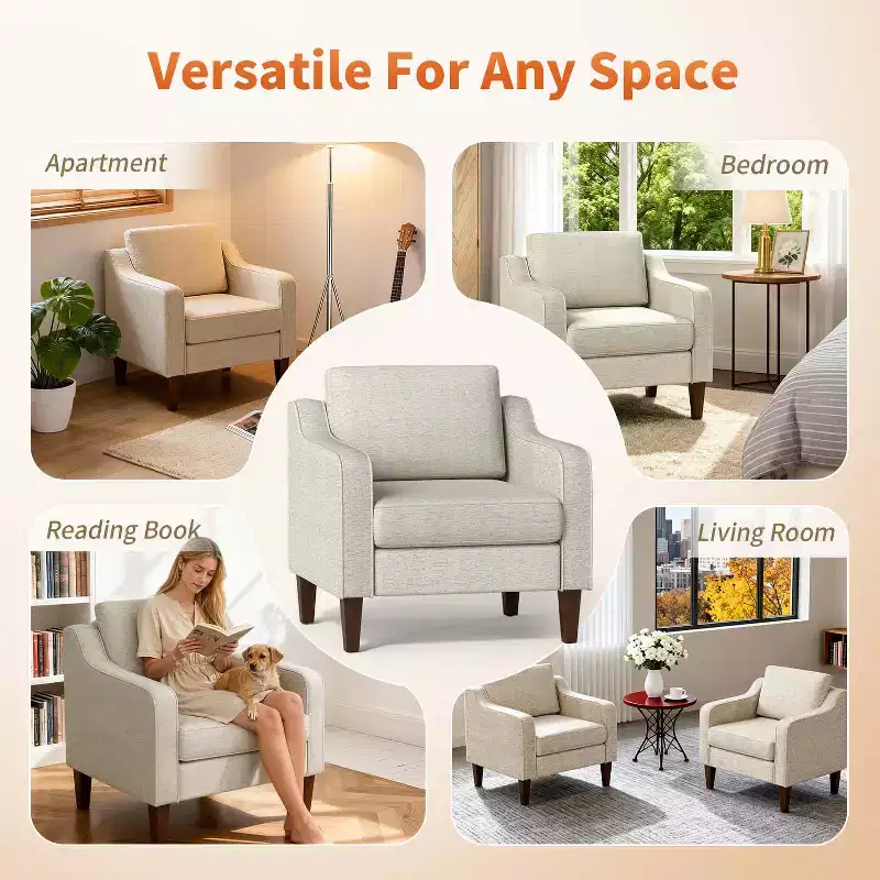 Beige Linen Fabric Upholstered Accent Armchair with Scooped Arms – Single Sofa Chair