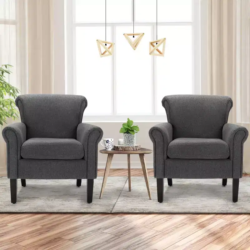 Set of 2 Upholstered Fabric Accent Chairs w/ Rubber Wood Legs, Dark Gray/Light Gray