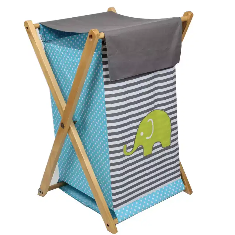 Elephants Aqua/Lime/Gray Laundry Hamper with Wooden Frame