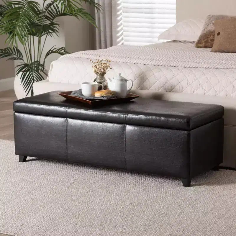 Faux Leather Storage Bench Ottoman with Tufted Stitching, Dark Brown, Full Size
