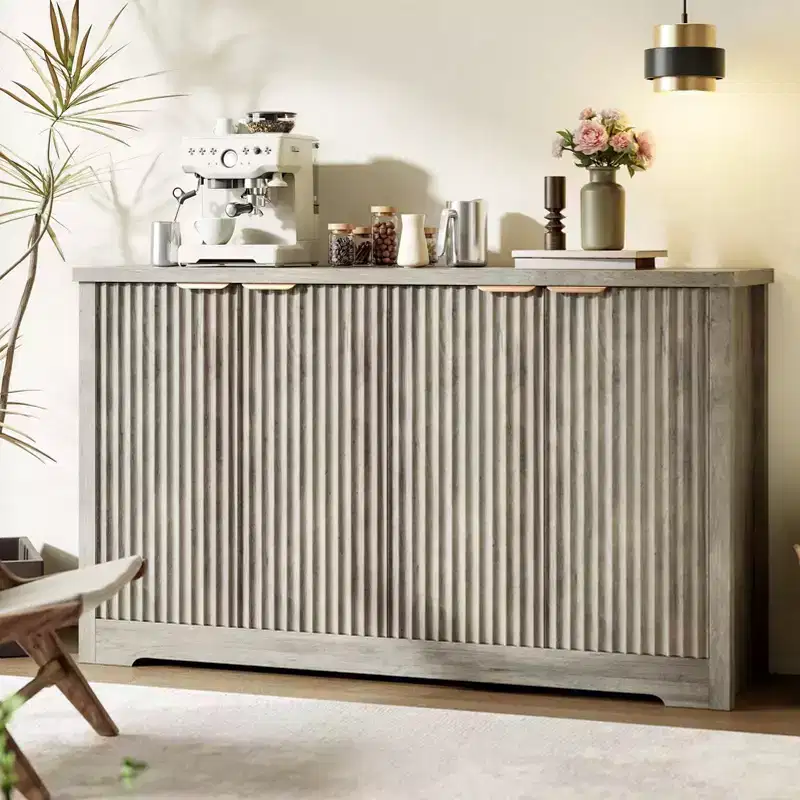 Fluted Buffet Sideboard Cabinet with Storage,2/4 Doors & Adjustable Shelf, Modern Wood Coffee Bar Console Table