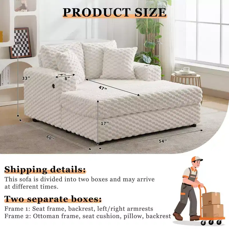 60 Oversized Chaise Lounge with USB Ports - Corduroy Upholstered Sofa Bed with Cup Holders for Living Room Bedroom - Beige