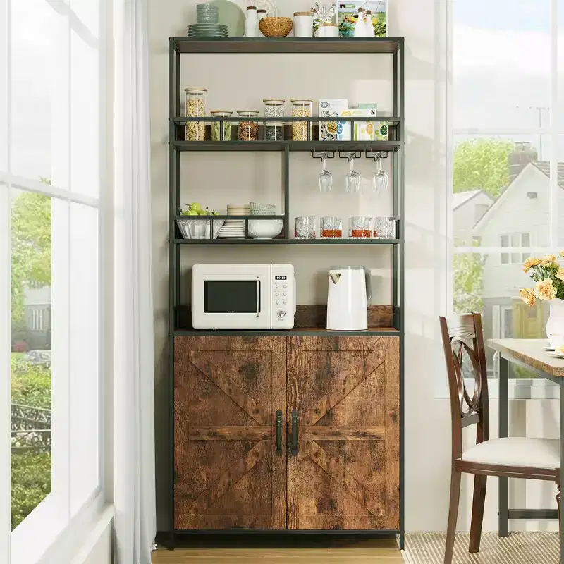Garvee Industrial Baker Rack with Cabinet 31.49W*11.8D*70.8 H Wine Rack Brown