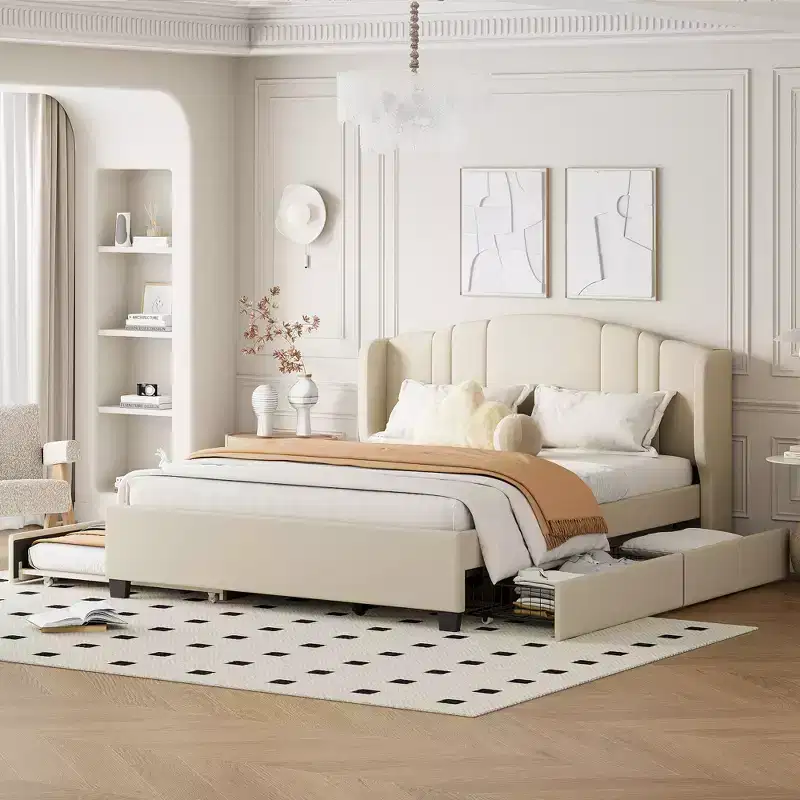 Queen Upholstered Platform Bed with Wingback Headboard, Queen Size Wooden Bedframe with Trundle and 2 Drawers