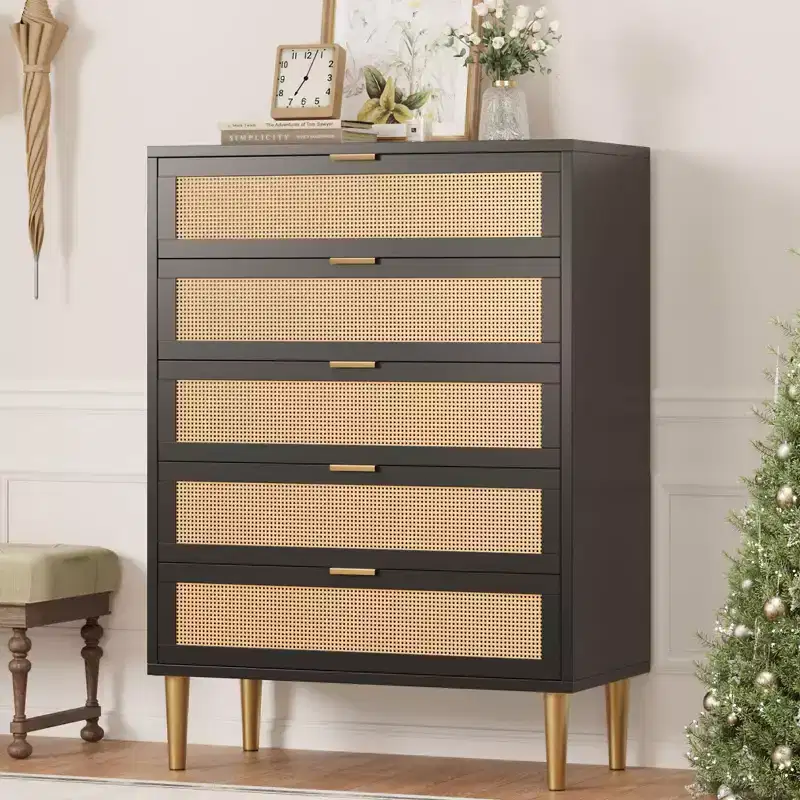 Rattan 5 Drawer Dresser, 44'' Tall Narrow Chest, Farmhouse Wood Dresser with Metal Legs, Bedroom Cabinet, Oak