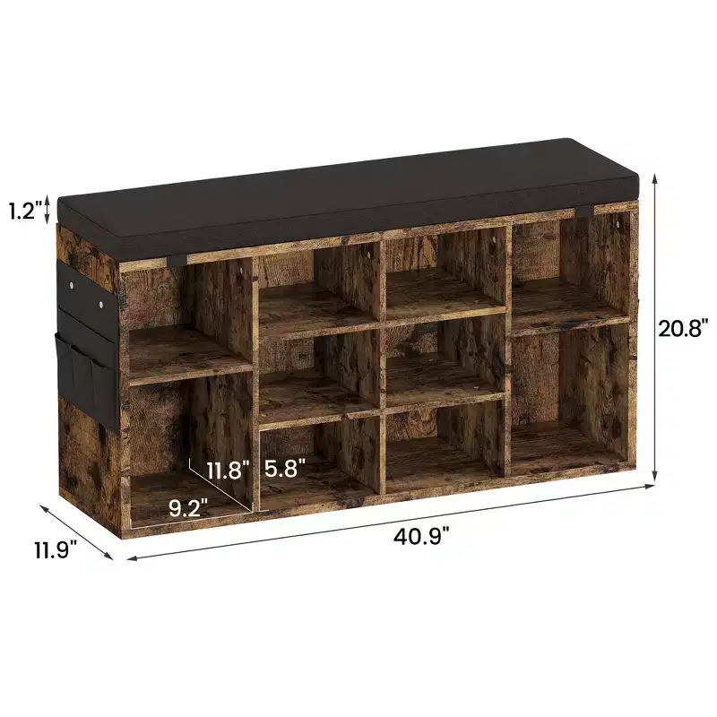 Shoe Storage Bench, 10 Cubbies Shoe Bench with Cushion and Side Pocket, 41 Inch Entryway Shoe Organizer, Cubby Shoe Rack with Adjustable Shelves