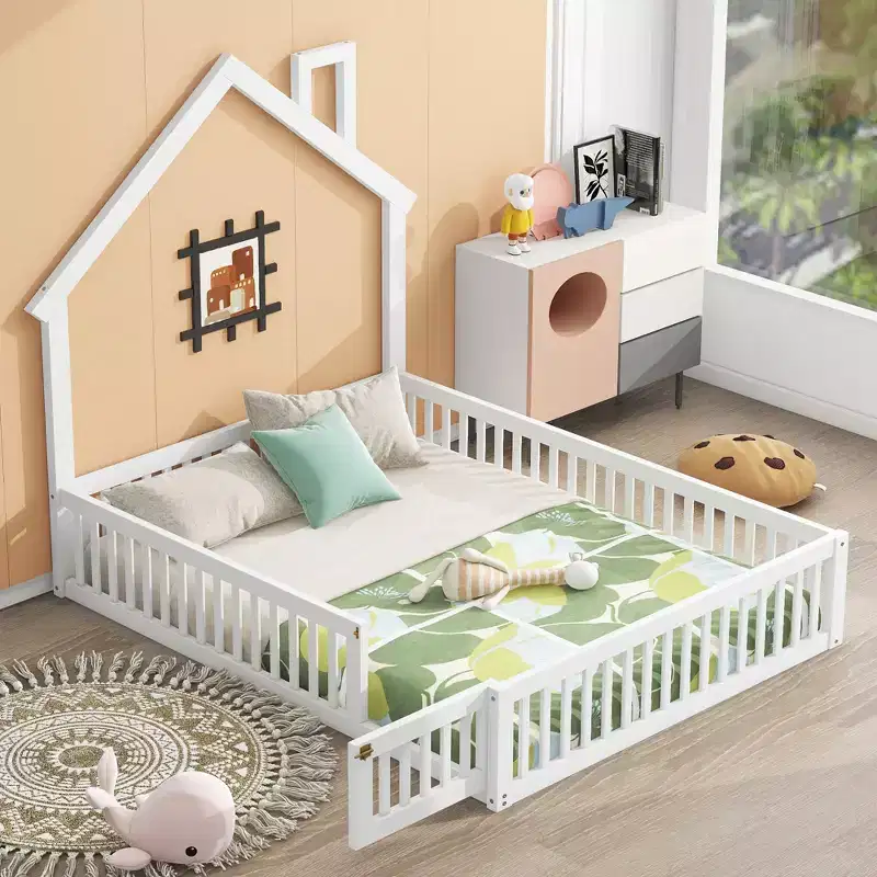 Wood Full Size House Platform Bed with Guardrail for Kids