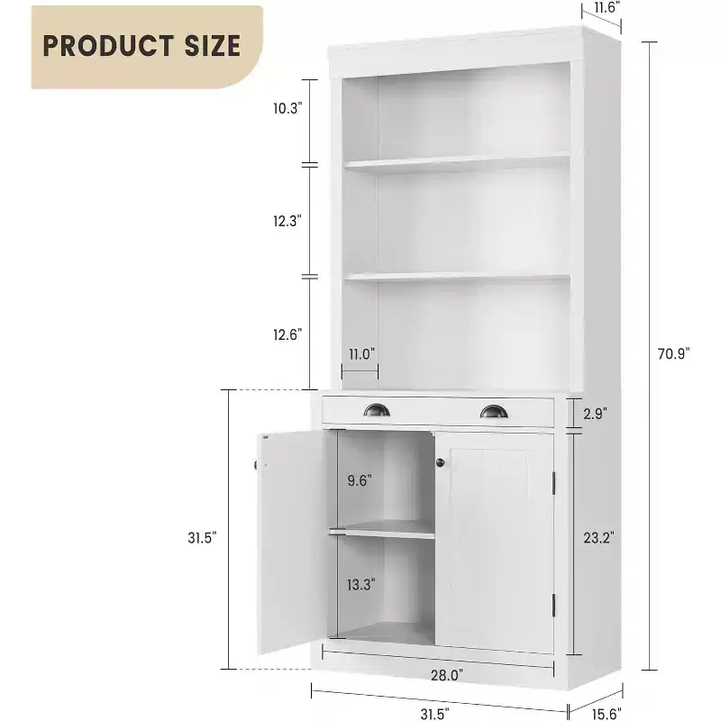 Modern Bookcase with Louvered Doors, Adjustable Shelves, Drawer & Cabinet, Set of 2, Safety Anti-Tip, Black