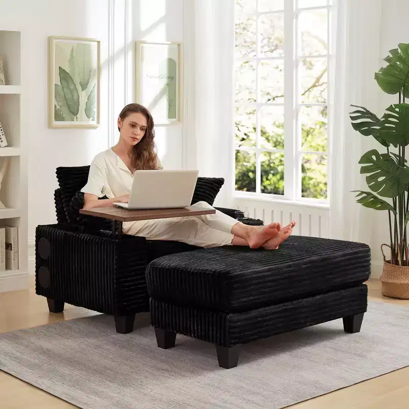 Okak Modern Oversized Sofa Futon Couch with Ottoman & Rotating Side Table,Comfy Sleeper Sofa Chair for Living Room,Apartment