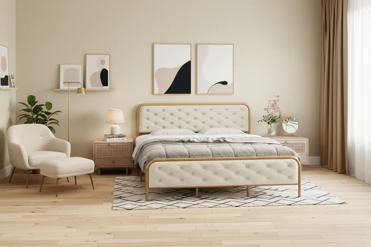 King Size Metal Bed Frame - Heavy Duty Platform Bed Frame with Storage, Steel Supports, No Box Spring Required, Easy Assembly, Noiseless, Gold White