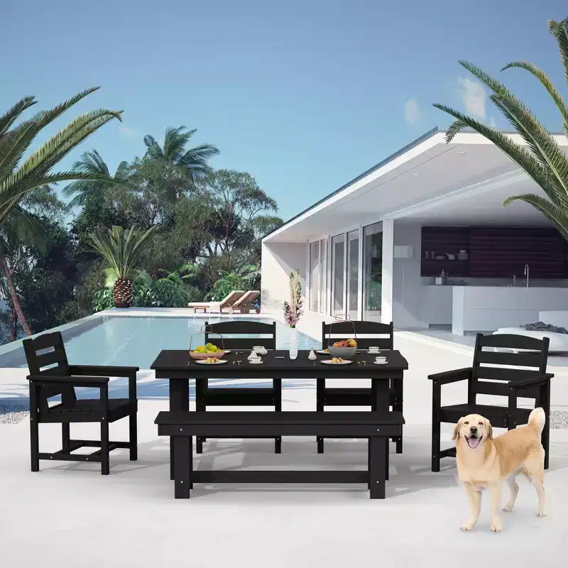 Hyleory 6pc HDPE Outdoor Dining Set with Rectangular Table & Umbrella Hole, Bench and Armchairs