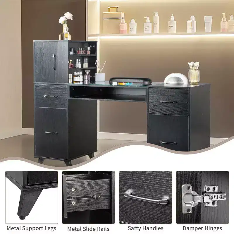 Karlhome Black 55inchL*19inchW*44inchH Manicure Table Modern Salon Nail Desk with Glass Top Wrist Cushion