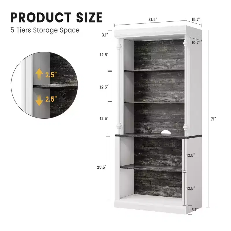 Tall Storage Bookcase with 5-Tier Open Shelves, Roman Column Design and 4 Adjustable Lights, White & White & Black Wood Grain Display Storage Cabinet
