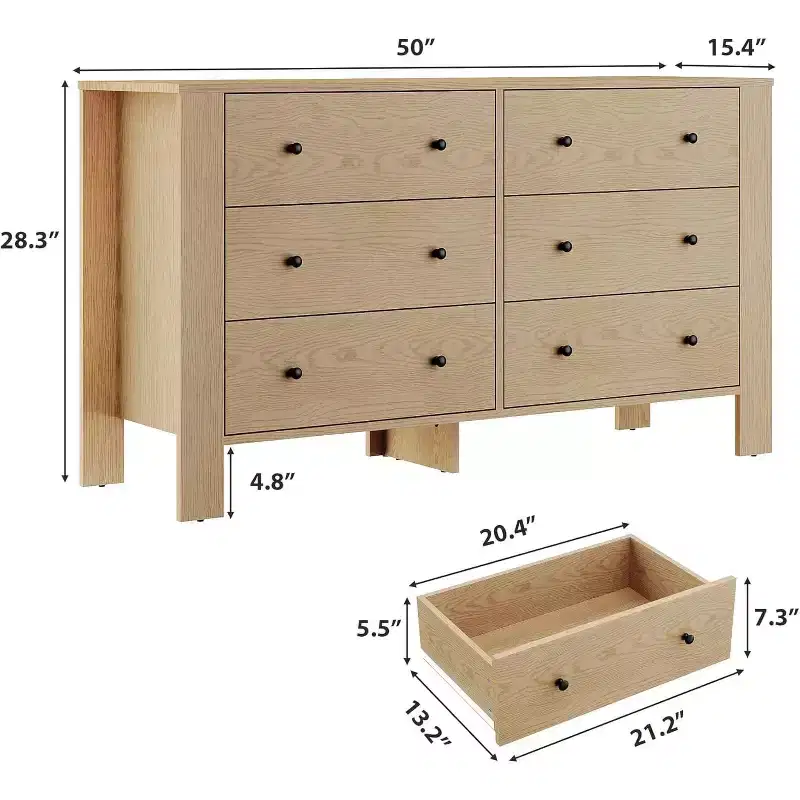 Natural Oak 6 Drawer Dresser for Bedroom, Modern Wide Dresser Organizer with Storage Drawers