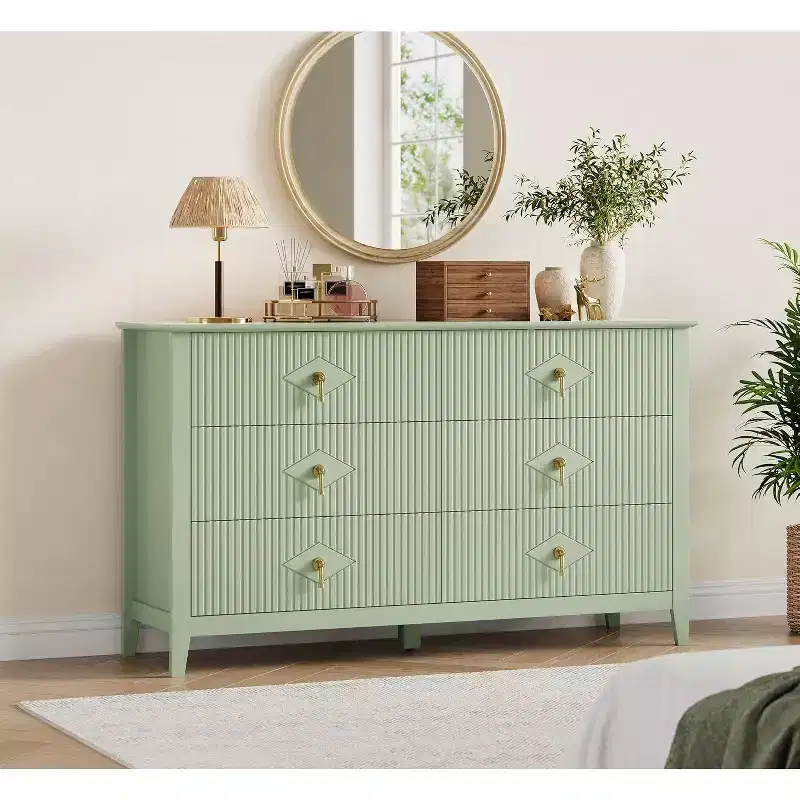 54 Extra Wide 6 Drawer Dresser with Fluted Panels Modern Chest of Drawers TV Stand Oak Finish, for Bedroom, Living Room, Hallway