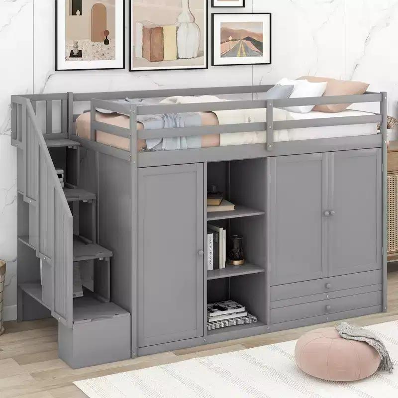 Full Loft Bed with Wardrobes, Drawers, Shelves & Storage Ladder, Pine Wood, 93x42in
