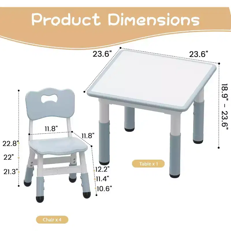 Kids Table and 4 Chairs Set with Particleboard Desktop, Height Adjustable, Anti-Slip Pad, Compact Dining Set, and Durable Desktop