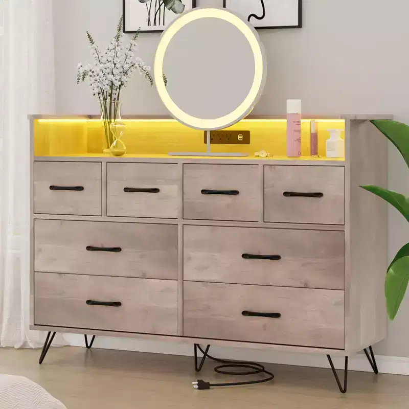 8-Drawer Dresser with Power Outlet, LED Lights & Gold Handles, Modern Wood Chest, White