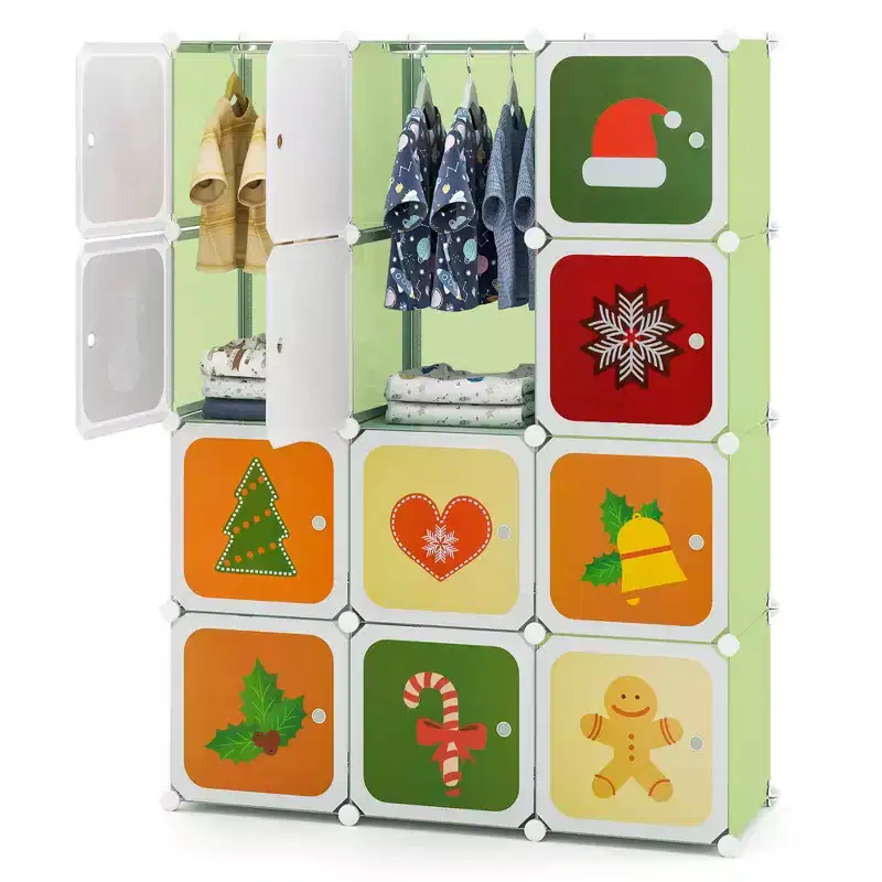 12-Cube Kids Wardrobe Baby Dresser Bedroom Armoire Clothes Hanging Closet with Doors Pink/Green
