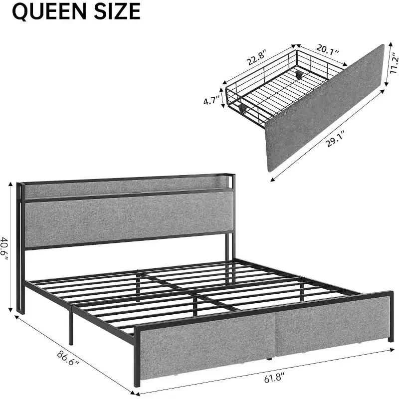 King Bed Frame with 2 Storage Drawer, Upholstered Platform Bed with Headboard, USB Port & Outlets, No Box Spring Bed, Easy Assemble