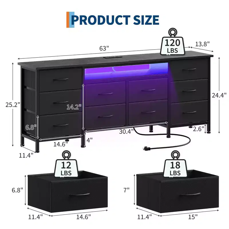 63 Long Dresser for Bedroom with 10 Fabric Drawers, Entertainment Center TV Stand 65-75 TV, White Dresser with Power Outlet Storage Drawers