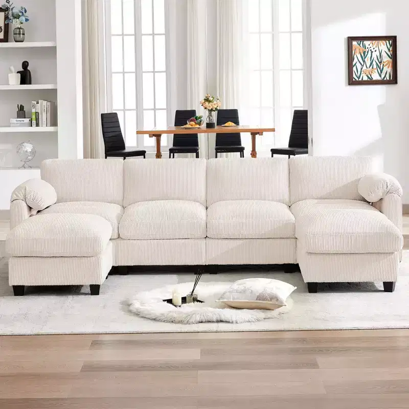 HYLEORY Corduroy Modular Sectional Sofa with Double Movable Ottomans, U-Shape Upholstered Comfy Couch with Two-Layer Seat Cushion for Living Room
