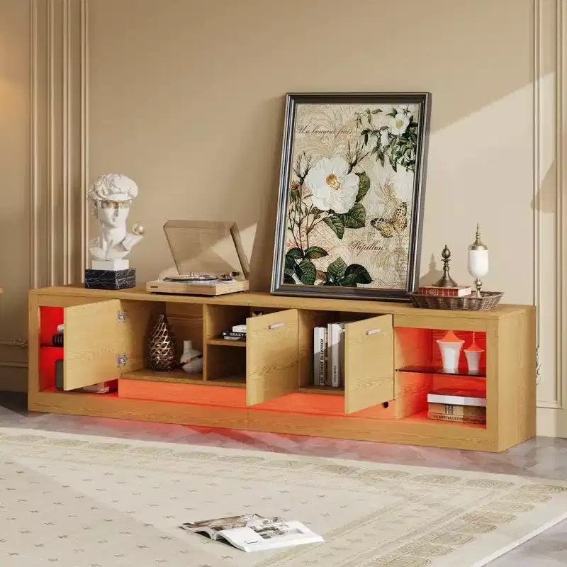 LED TV Stand for TVs up to 90, Modern TV Console Media Console Entertainment Center with Glass Shelves, Natural - ModernLuxe