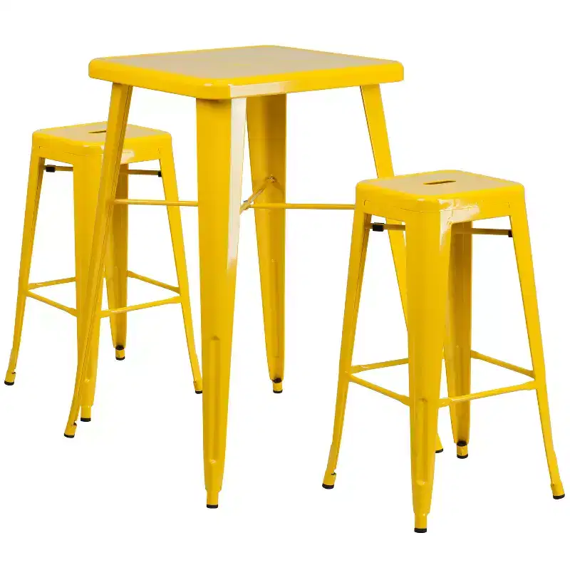 Emma and Oliver Commercial Grade 23.75 Square Metal Indoor-Outdoor Bar Set & 2 Backless Stools
