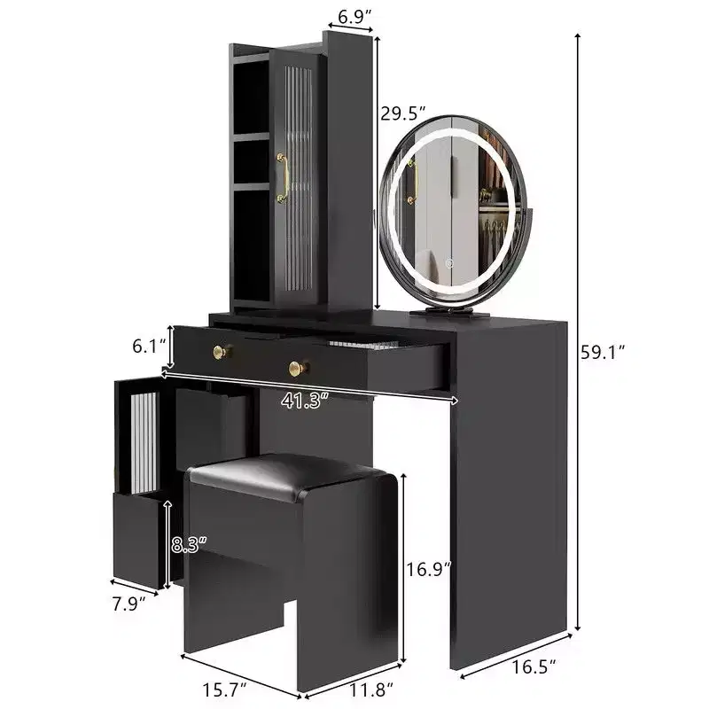 Black Linen Particle Board 4-Door 6-Drawer LED Three-Color Mirror Dresser Set with Interchangeable Left and Right Drawer Compartments