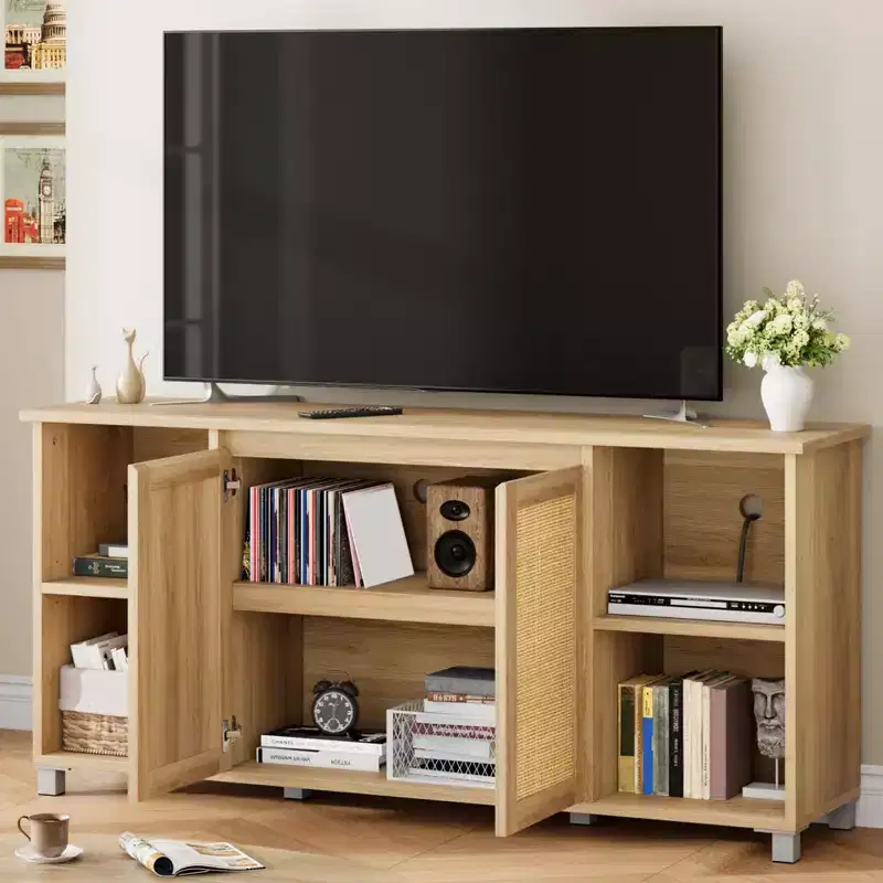 70 Mid-Century Modern TV Stand with Rattan Doors - Entertainment Center for 70 Inch TV, 2 Storage Cabinets & 3 Open Shelves