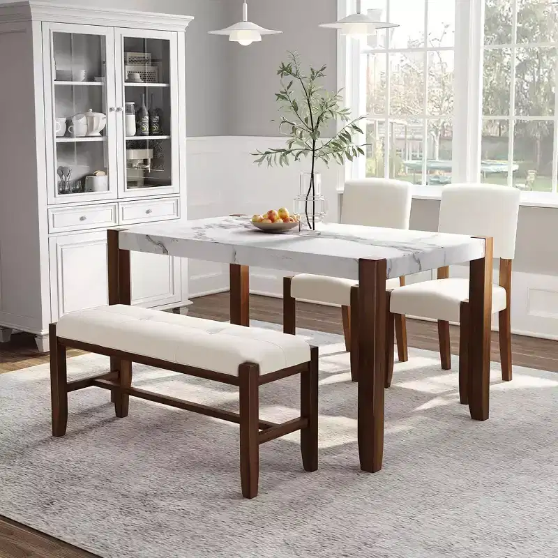 MAYEERTY 4-Piece Modern Dining Set, 46 Faux Marble Table, 2 Chairs & Bench