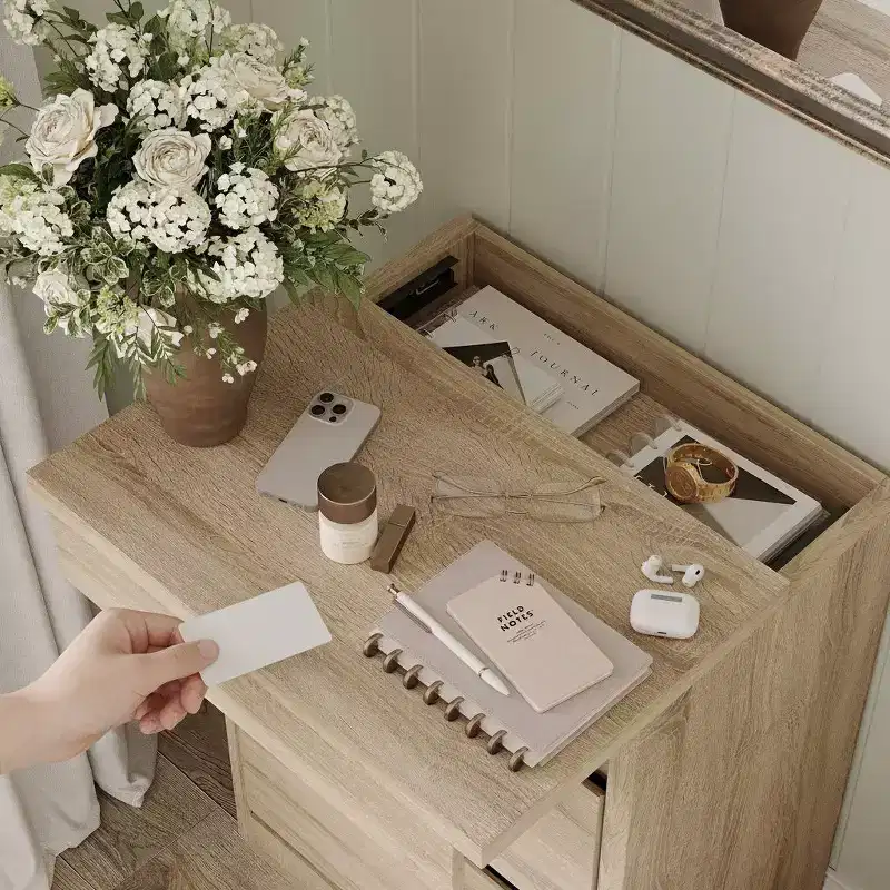 Famapy Smart Light Oak Nightstand with Hidden Drawer, Top Flip - Door with NFC Lock & Bottom Kick Drawer,Side Table for Bedroom & Living Room