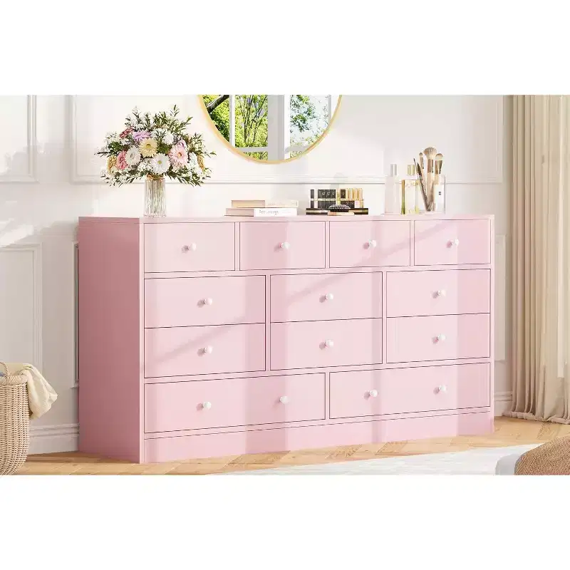 12 Drawer Dresser, 61 in Long Dresser TV Stand with Charging Station, Large Wooden Drawers for Bedroom, Closet, Living Room, Pink