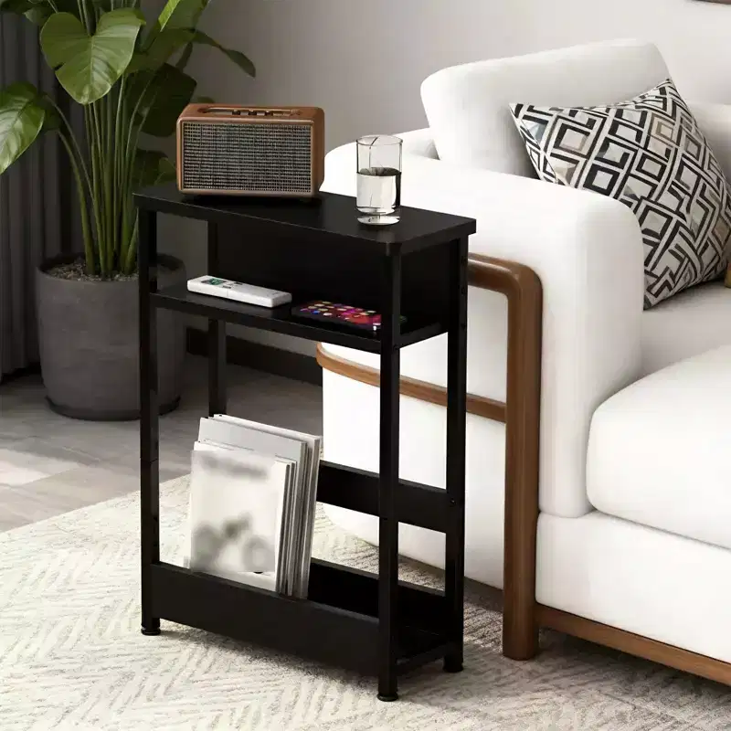 Modern Sofa Side Table, 3 Tier Wooden Narrow End Table, Slim Bedroom Nightstand, Accent Bedside Table for Small Space Living Room Bedroom