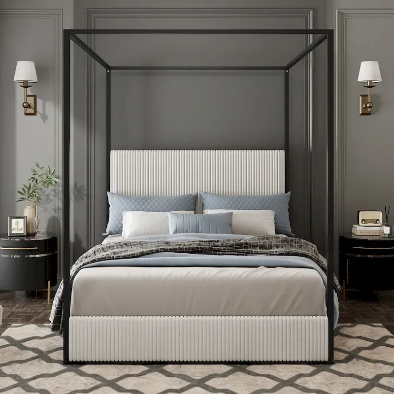 Modern Metal Canopy Bed with Tall Upholstered Headboard and Gold Four Poster