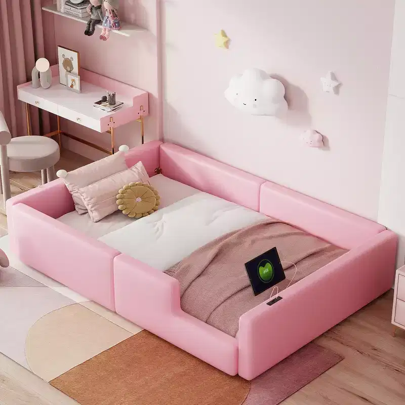 Twin Size Floor Platform Bed with Full-Length Guardrail, Upholstered Wooden Bedfram with Charging Station