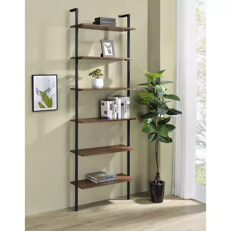 Walnut 6-Shelf Wall Bookcase, Black Metal Frame, 96
