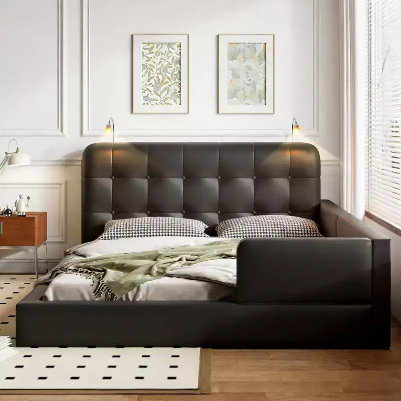 Luxystar Queen Size PU Leather Upholstered Platform Bed with 2 Reading Lights