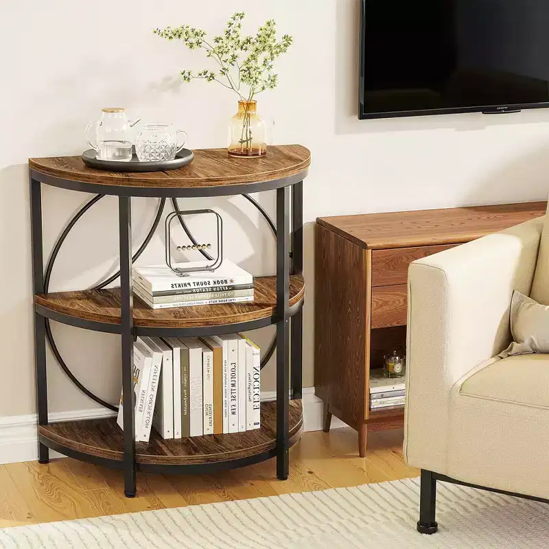 MAYEERTY 3-Tier Half-Round Side Table, Rustic Brown & Black Metal End Table