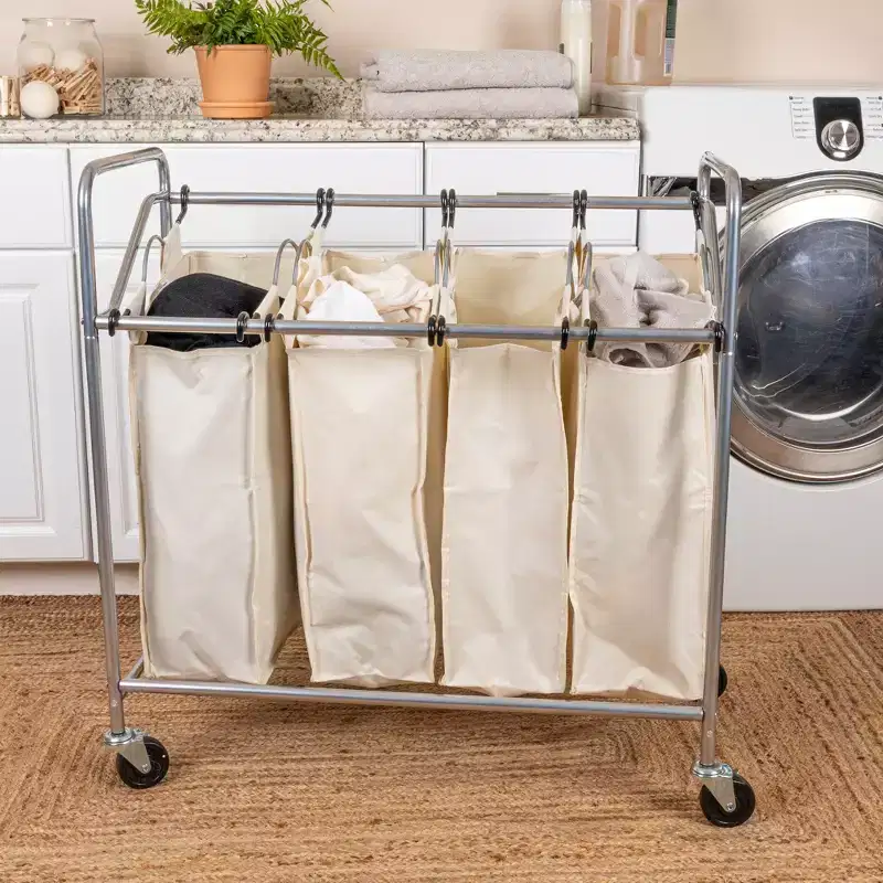 Heavy-Duty Quad Sorter, Rolling Laundry Sorter, 4 Bag Laundry Sorter Cart with Washable and Removable Bags, Chrome