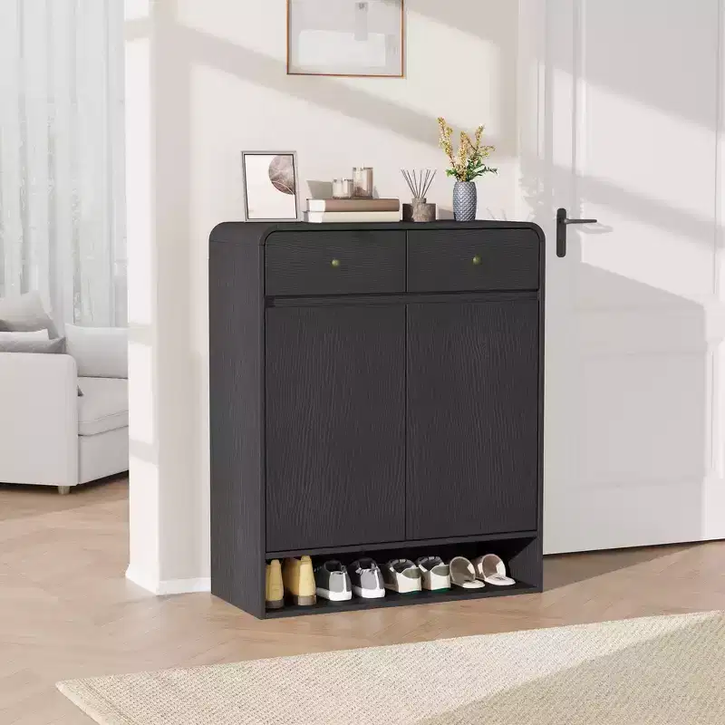 31.5 Narrow Freestanding Shoe Storage Cabinet with Adjustable Shelves, 2 Drawers & Bottom Shelf, Entryway Organizer for Hallway & Living Room