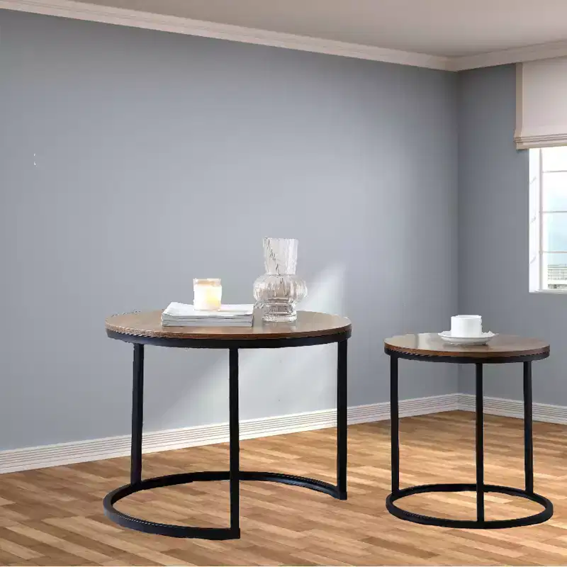Nesting Table Set of 2, Round Nesting Coffee Table with Wood Tabletop & Metal Frame, Circle Coffee Tables for Home Office Living Room Bedroom