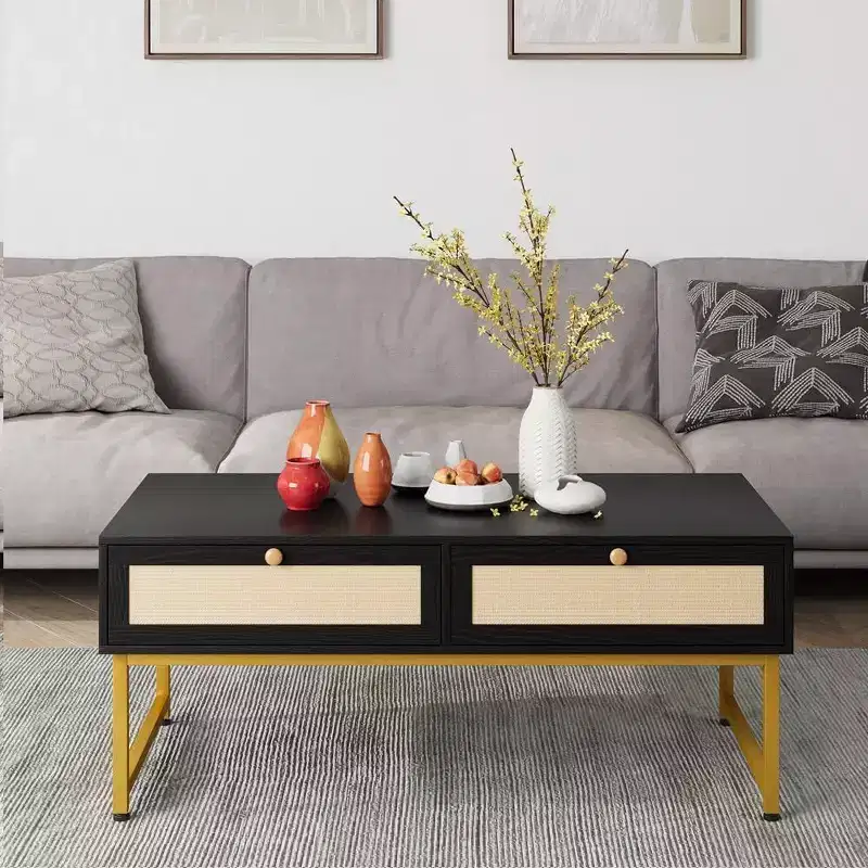 Acekool 46 Metal Frame Rattan Coffee Table with Double Drawers, Hidden Storage Compartment & Open Shelf