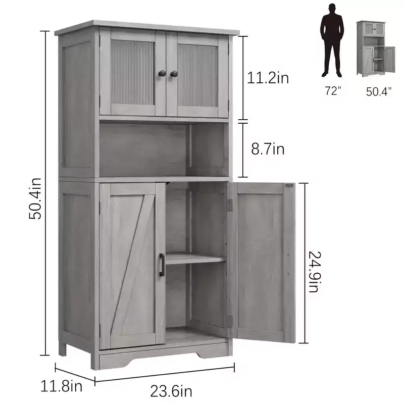 Tall Bathroom Cabinet with 4 Doors and Adjustable Shelves, 50 Freestanding Bathroom Storage Cabinet Farmhouse Cupboard for Kitchen, Living Room