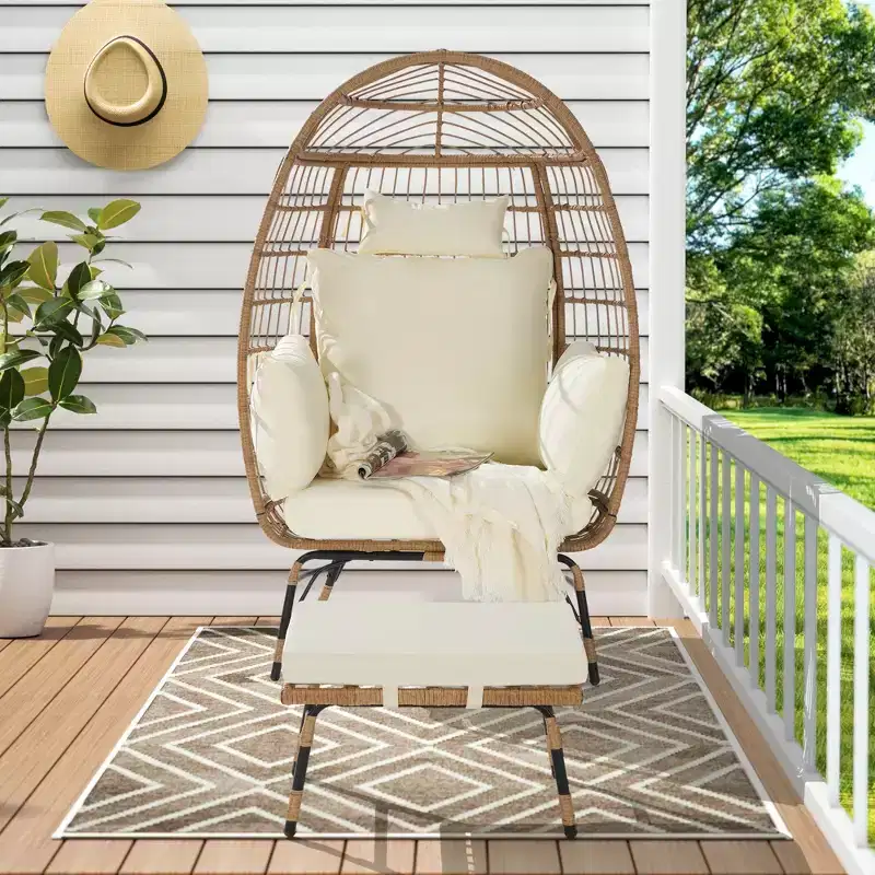 GDFStudio Isaac Outdoor Wicker and Metal Egg Chair with Ottoman and Thick Cushions