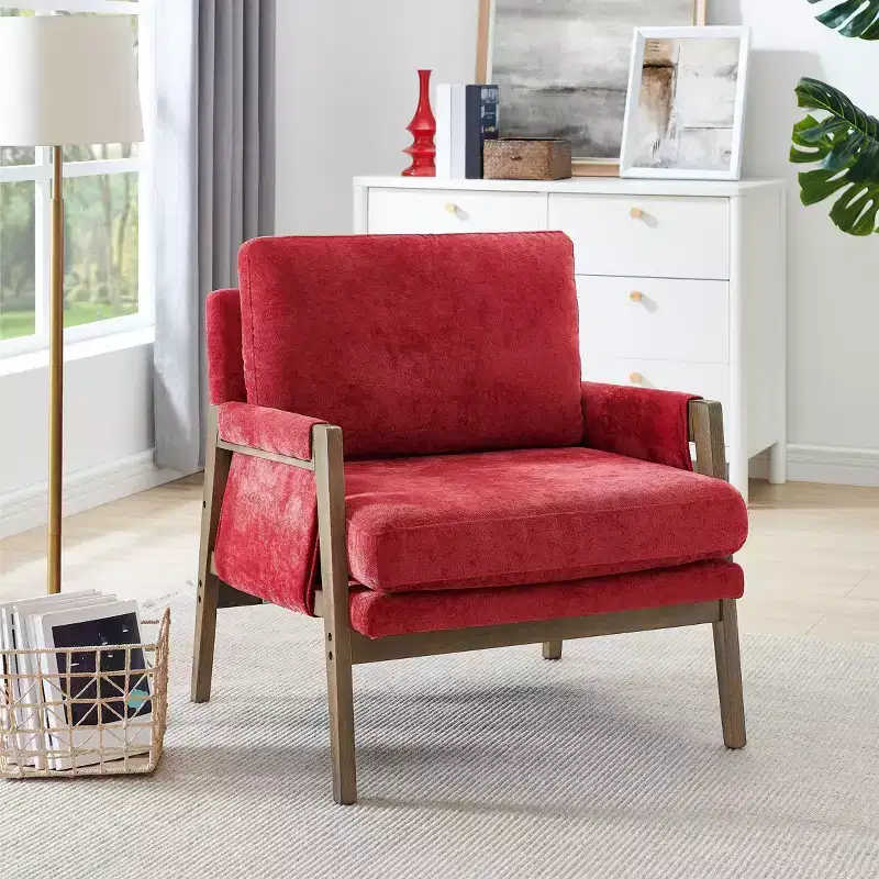 Modern Velvet Accent Chair, Mid-Century Upholstered Armchair with Rubber Wood Legs for Living Room, Reading Room, Bedroom