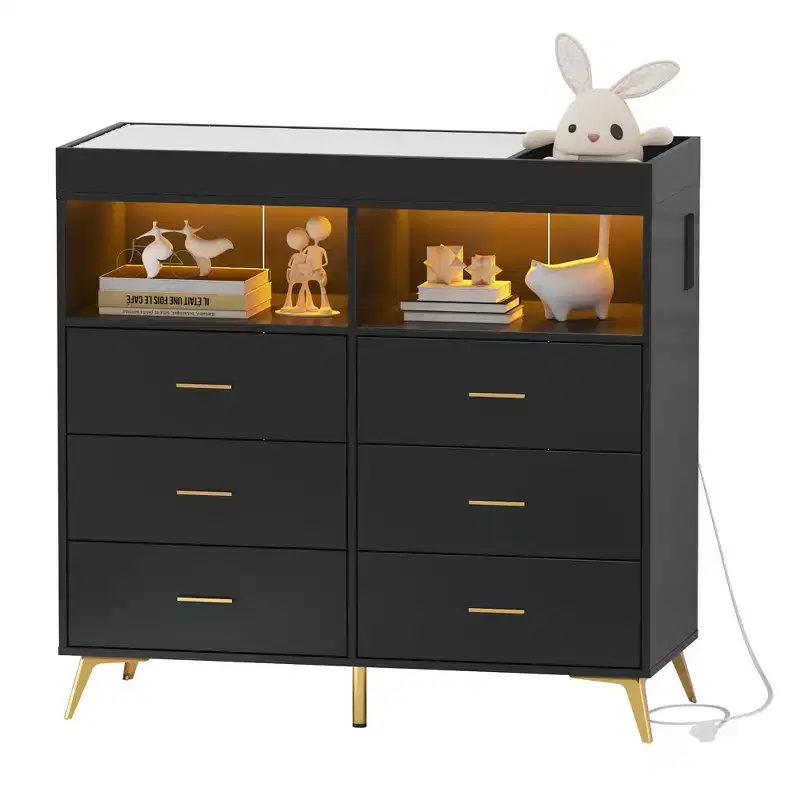 Changing Table Dresser  Multi-Functional Baby Nursery Dresser with LED Lights & Power Outlet (6 Drawers + 2 Shelves)