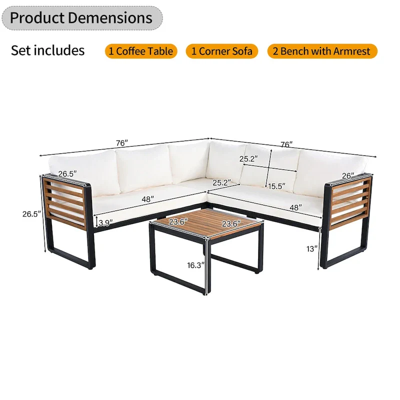 4-Piece Iron L-Shaped Sectional Sofa Set with Cushions & Table