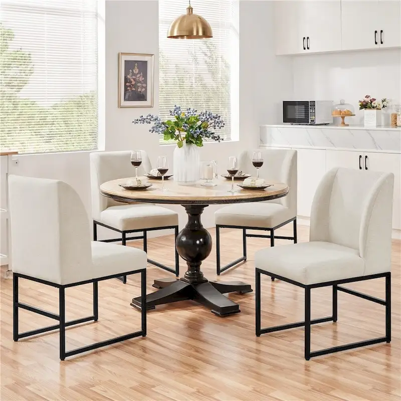 Set of 2 Upholstered Dining Chairs with U-Shaped Iron Frame, Terylene Fabric, 299 lb, Beige