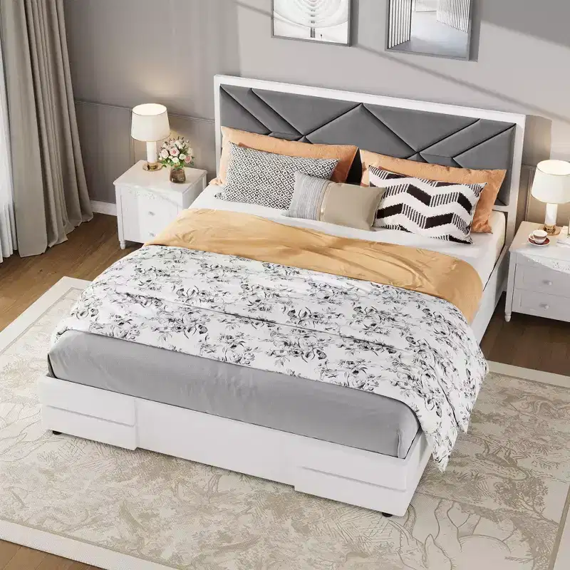 Upholstered Bed Frame,Wooden Bed Frame with Fabric Upholstered Headboard,No Box Spring Needed,Strong Wooden Slats,Easy Assembly,White